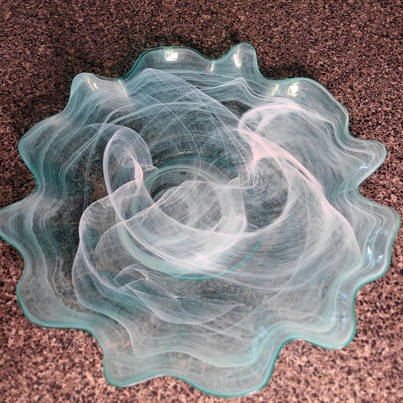 Rare Vintage Murano Style Teal and White Swirl Art Glass Dish 13"x2" Hand Blown - Picture 7 of 11